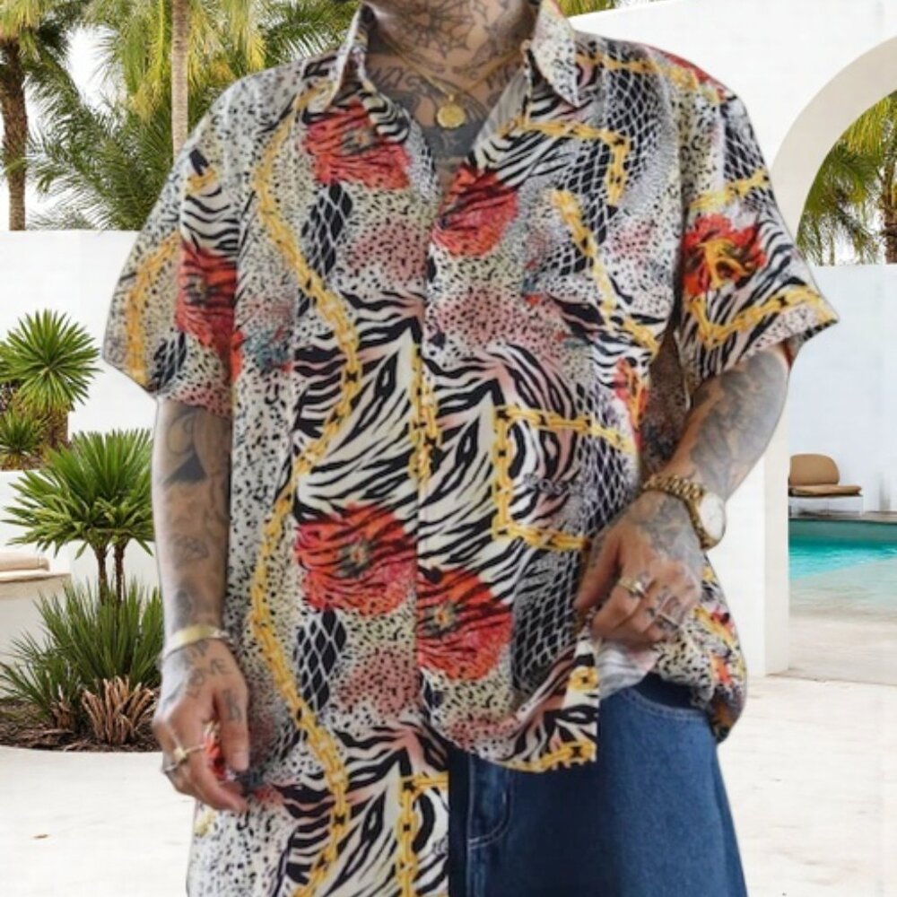 Reason Men's Patchwork Animal Print Button Down Short Sleeve Shirt size XXL